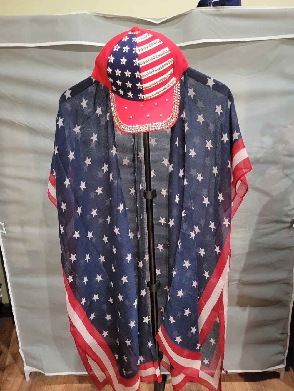 Patriotic Stars & Stripes Sheer Kimono with Rhinestone Flag Cap